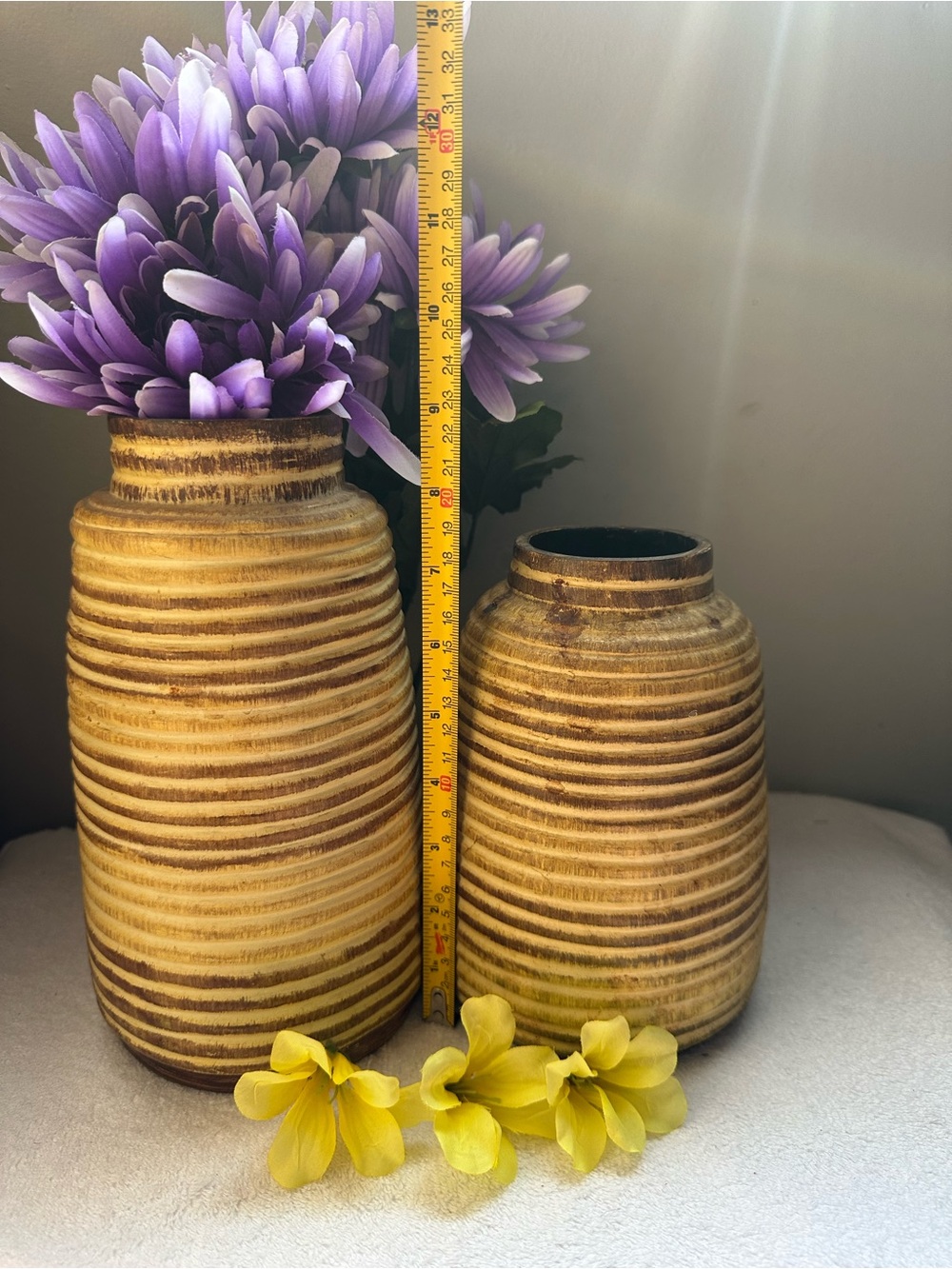 Source Unknown Yellow and Brown Striped Ceramic Vases (Set of 2)